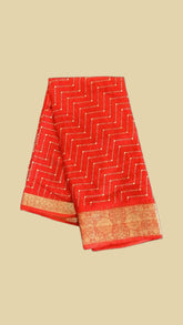 Red Zig Zag Pattern with Floral Gold Brocade Traditional Border Fancy Georgette Saree